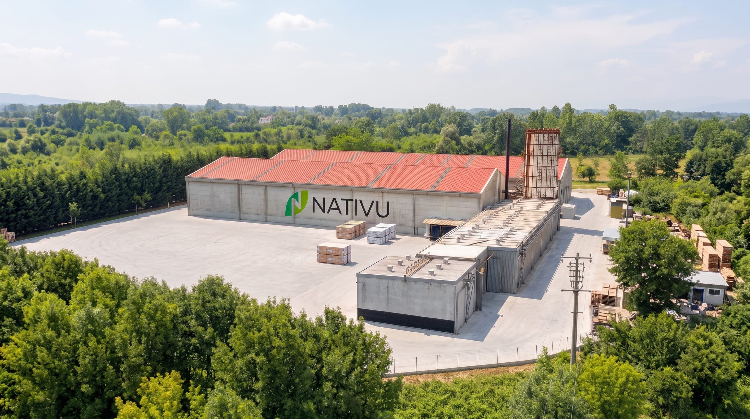 Our facility in Düzce: the storage hall with the Nativu logo on its facade, the drying kilns and stacked timber in the yard, aerial view.