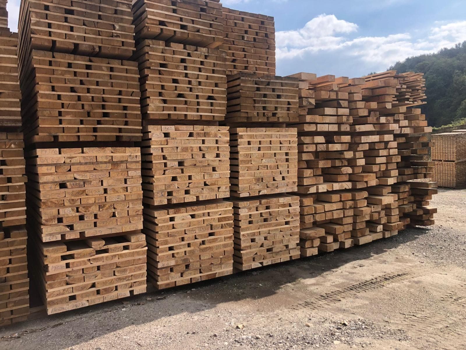 Lumber stacked in bundles in our open yard.